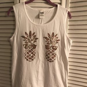 PINK White tank top gold sequin pineapples small
